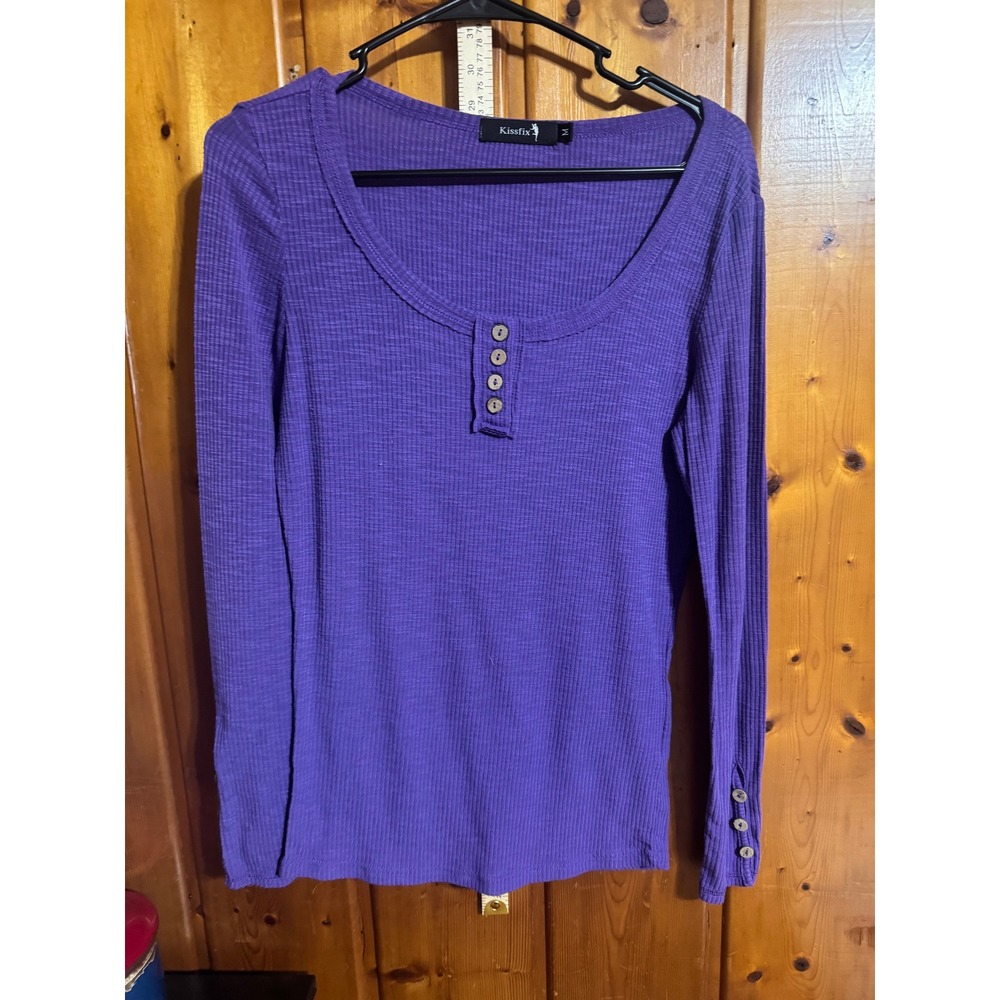 Kissfix Purple Ribbed Henley Long Sleeve Scoop Neck Top Size M